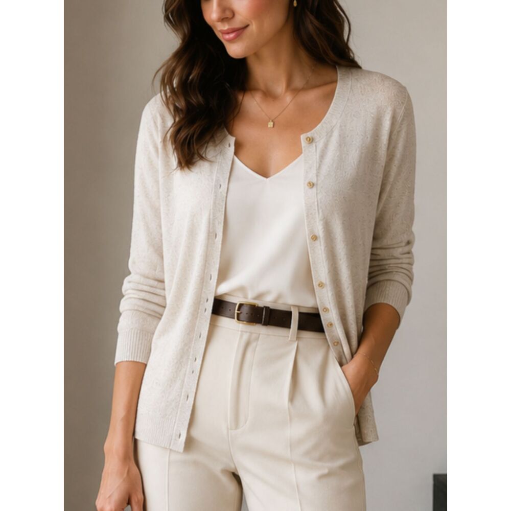 NEW! DANA BUCHMAN Metallic Cream Sz XL Women's Lightweight Cardigan Sweater